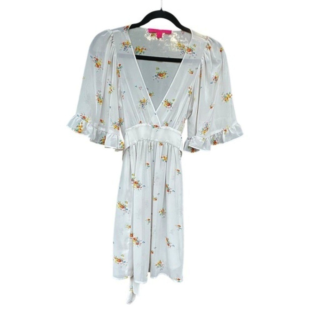 Betsey Johnson Women Dress XS White Floral Ruffle Wrap V-Neck Mini